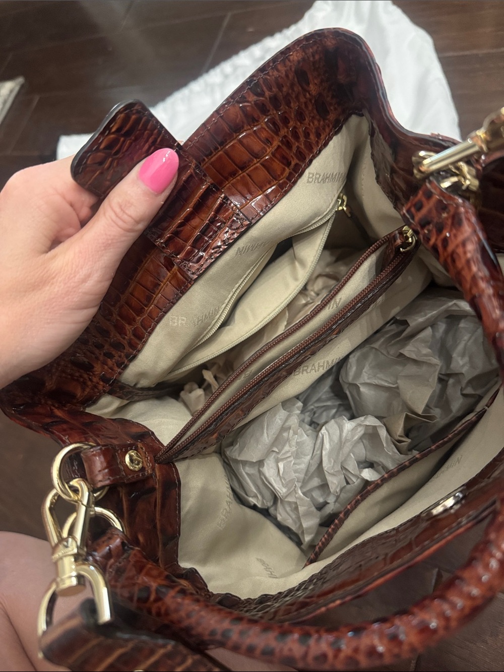 Brahmin Yellow Woven Bucket Bag with Brown Croc Trim - Picture 3 of 5